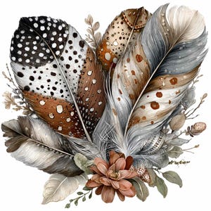 May include: An artistic depiction of multiple feathers in a palette of brown, white, and grey, forming a decorative arrangement. The feathers display detailed patterns, such as spots and stripes. A peach-toned flower and green leaves are at the base.