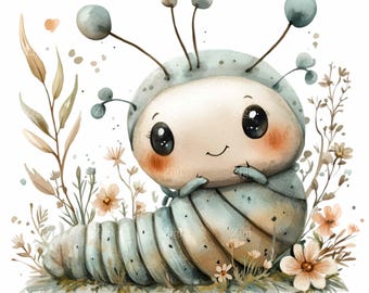 15 PNG Watercolor caterpillar – bug clipart for baby room, nursery prints, spring decor crafts