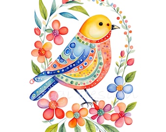 12 Colorful Folk Art Bird Png Watercolor Floral Wreath Clipart Spring Sublimation