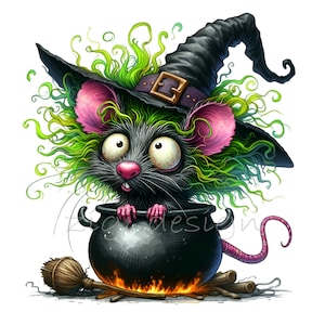 12 divertenti clipart PNG di ratti di Halloween nel calderone della strega con cappello e capelli pazzi, arte spettrale del roditore per decorazioni di Halloween