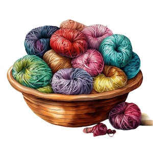 20 Garn Korb Clipart PNG | Bunte Strickwolle Kugeln Aquarell Kunst | Gehäkelte Garnschale | Bastelbedarf Clip Art PNG