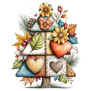 12 Patchwork Fall Tree Hearts Png Sunflower Leaves Sublimation Autumn Clipart