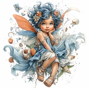 May include: A watercolour illustration of a fairy with blue hair, blue eyes, and orange and blue wings. The fairy is wearing a blue dress and sandals, surrounded by seashells, butterflies, and flowing fabric. The fairy is resting her chin on her hand.