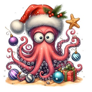 12 PNG Santa Oktopus PNG - Lustige Weihnachtskrake Clipart - Strandurlaub Design für Karten, Sublimation, Geschenke für Ozeanliebhaber