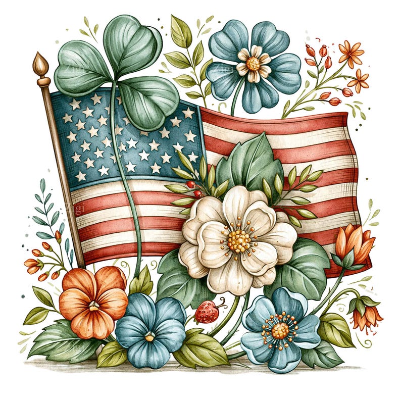 15 PNG 4th of July Flag, Patriotic Floral Watercolor Clipart - Etsy