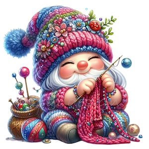 17 Strick-Gnom PNG Clipart, niedlicher Gnom mit Garn und Haken, bunter Hut, Perlen und Wollknäuel, Handwerk Art Printable