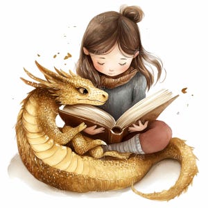 20 Mädchen beim Lesen mit Drachen PNG Clipart, Fantasy-Buchszene mit Kind und goldenem Drachen, wunderliche Storytime-Illustration