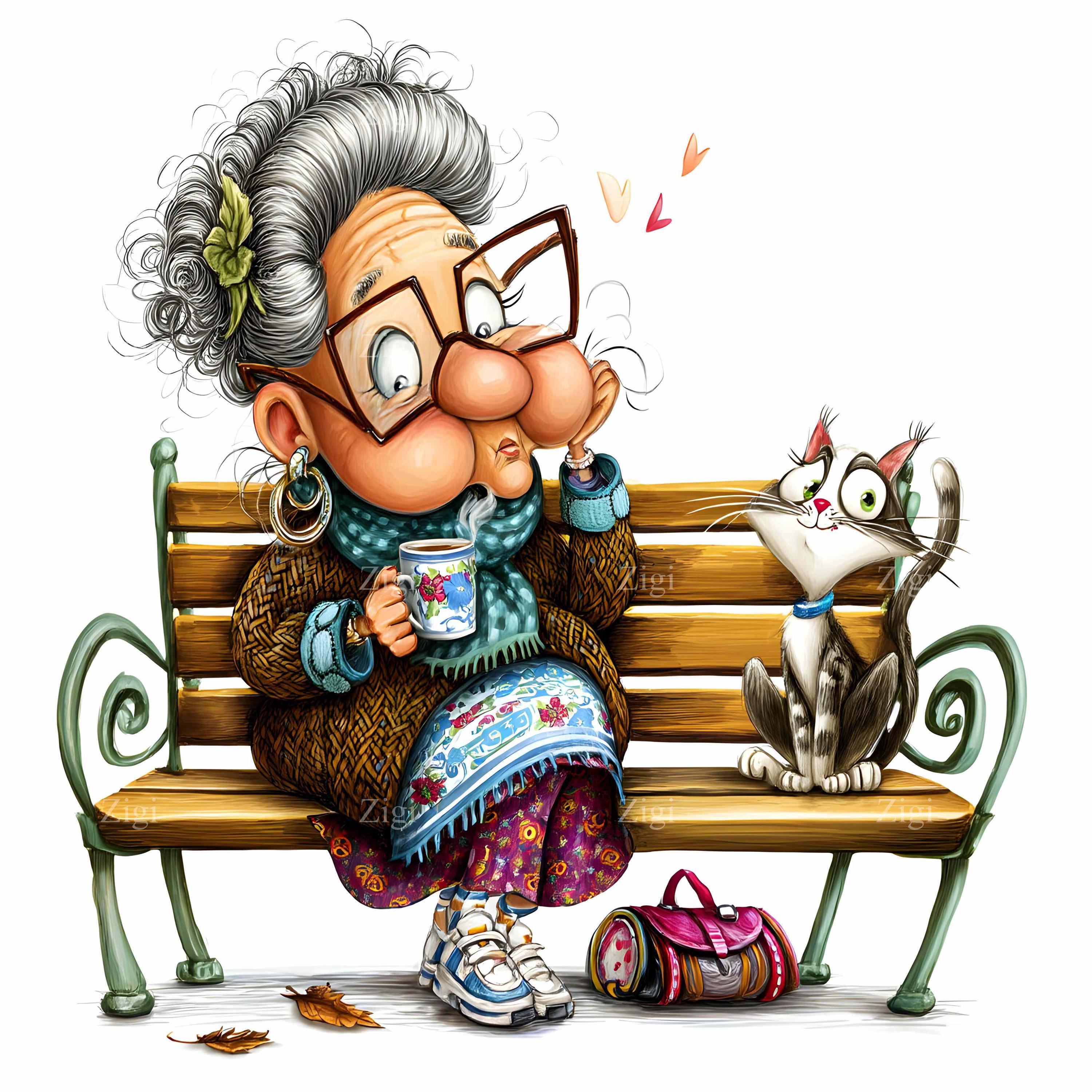 27 JPEG おもしろおばあちゃん – 漫画おばあちゃんと猫 JPG クリップ