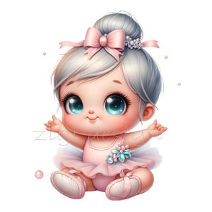 May include: A cute cartoon ballerina with big blue eyes, wearing a pink tutu and a pink bow in her hair. She is sitting with her legs crossed and her arms outstretched.
