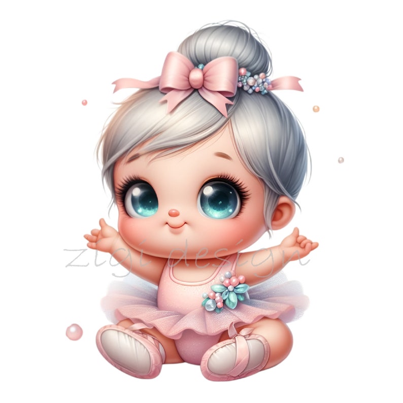 May include: A cute cartoon ballerina with big blue eyes, wearing a pink tutu and a pink bow in her hair. She is sitting with her legs crossed and her arms outstretched.