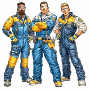 Peut inclure: Trois personnes portant des combinaisons de travail bleues et jaunes, des lunettes de sécurité et des gants de travail. Chaque personne a une ceinture à outils avec divers outils. Les combinaisons ont plusieurs poches et écussons. Le fond est blanc.