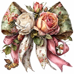 May include: A digital illustration of a floral bow featuring roses in shades of cream, peach, and pink. The bow has ribbons in pink and white with a floral pattern, and a butterfly. The bow's backing is a muted green with floral and script details.