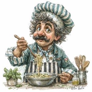 Pode incluir: Ilustração de um chef com um grande bigode, usando um avental e chapéu listrados, provando massa de uma panela. O chef segura uma colher de pau com espaguete. Uma pequena planta de manjericão e utensílios de cozinha também são visíveis.