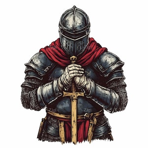 May include: A knight in full armor, with a red cape, holds a sword in front of his chest. The knight's helmet is closed, and the sword is held with both hands.