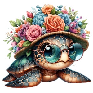 12 cliparts PNG tortue florale - tortue mignonne avec des lunettes et un chapeau de fleurs épanouies - oeuvre d'art numérique fantaisiste