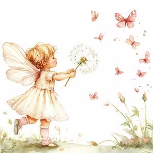 30 Clipart di fata ragazza JPEG / Bambina alata che tiene in mano un dente di leone con farfalle volanti / Illustrazione primaverile stravagante