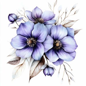 24 imágenes prediseñadas de acuarela floral azul JPEG: elegantes flores florecientes con hojas: arte botánico JPG