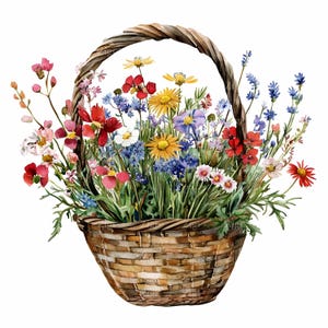 28 imágenes prediseñadas de cestas de flores JPEG (JPG): cesta de mimbre con flores silvestres de colores, arreglo floral para jardín primaveral