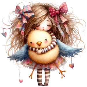 17 Clipart PNG di ragazze carine - Bambina stravagante con un grande fiocco che abbraccia un soffice uccellino - Arte fantasy per decorazioni per la cameretta dei bambini, biglietti e adesivi
