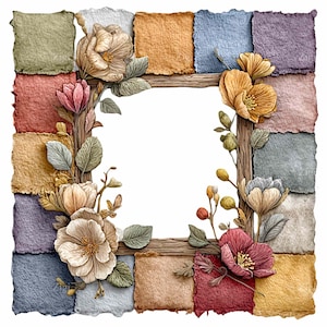 May include: A square floral frame with a wooden border and a patchwork background of various colors. The frame is adorned with detailed, colorful flowers and leaves, creating a decorative and artistic design. The background consists of squares in shades of blue, yellow, red, and brown.
