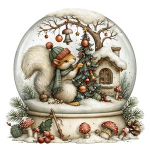 Peut inclure: Une boule à neige représentant un écureuil portant un bonnet et une écharpe en tricot vert, décorant un petit sapin de Noël. À côté du sapin se trouve un chalet enneigé. La base est ornée de champignons rouges et blancs, de pommes de pin et de baies.