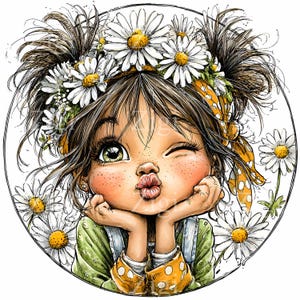 16 Clipart JPEG di una bambina che fa l'occhiolino con una margherita - Illustrazione JPG di una bambina carina - Corona floreale per decorazioni primaverili, adesivi e stampe per la cameretta dei bambini