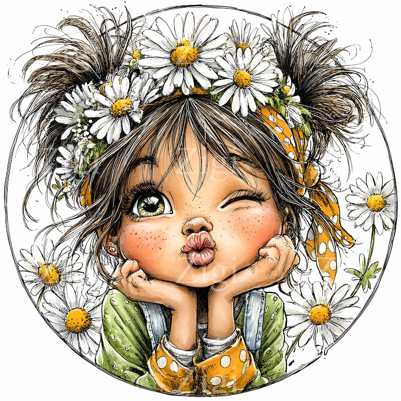 16 JPEG Winking Girl With Daisy Clipart – Cute Child JPG Illustration ...