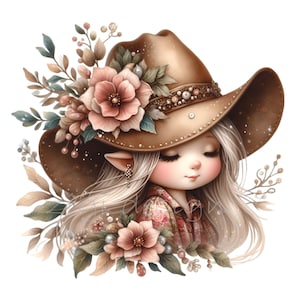 10 PNG Cowgirl elfe - Chapeau floral PNG clipart - Illustration fantastique de fille occidentale pour des autocollants, des cartes, de l'art mural et des créations artisanales fantaisistes