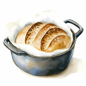 32 JPEG Pot Oven Bread Clipart JPEG, Pão Artesanal Crocante em Panela com Pergaminho, Impressão de Arte Digital de Cozinha Rústica