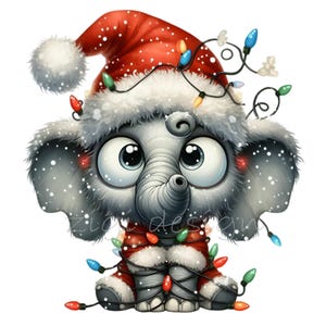 Clipart éléphant de Noël avec bonnet de Noel et lumières, 10 PNG mignons pour cartes de vœux, téléchargement numérique festif