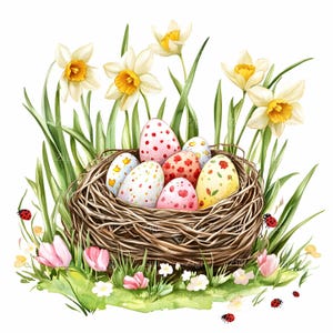 16 imágenes prediseñadas de Pascua de primavera en formato JPEG: huevos pintados de colores en un nido con narcisos y mariquitas, arte festivo de la naturaleza, descarga en formato JPG