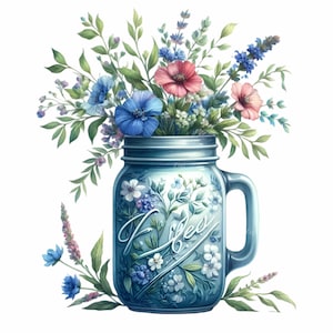 15 Clipart PNG di barattoli di vetro con fiori selvatici – Barattolo blu vintage con bouquet floreale – Download digitale di primavera rustica