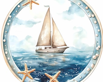 20 JPG Nautical Sailboat Clipart – Watercolor Ocean Porthole Art – Coastal Wall Prints, Beach, DIY Crafts, Summer Invitations, Sea Projects