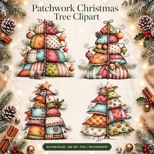 Peut inclure: Quatre sapins de Noël illustrés composés de segments de tissu en patchwork aux couleurs et motifs variés. Chaque arbre présente des éléments décoratifs comme des boutons, des étoiles et des ornements. Le texte Patchwork Christmas Tree Clipart est centré.