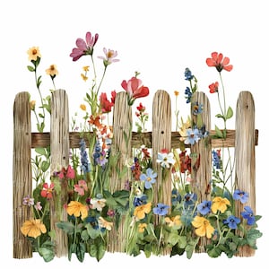28 imágenes prediseñadas de flores silvestres de valla de estacas JPEG, impresión floral de jardín rústico, arte natural de cabaña primaveral, decoración digital botánica