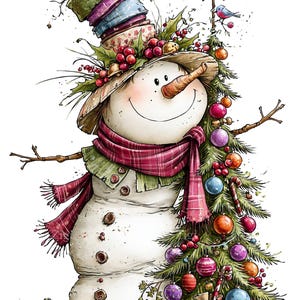 May include: A snowman illustration wearing a tall, stacked hat with holly berries and a plaid scarf. The snowman has a carrot nose, button details, and stands beside a decorated Christmas tree featuring colorful ornaments, a star topper, and a small bird.