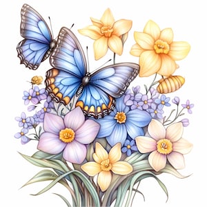 15 PNG de mariposas y flores de acuarela - Flores amarillas de primavera y mariposas azules PNG - Ilustración botánica de la naturaleza