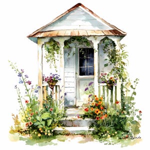32 imágenes prediseñadas de porche de jardín (JPG): entrada de cabaña blanca con enredaderas y flores de colores, arte de escena floral de casa