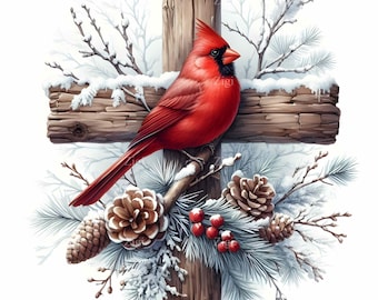 May include: A vibrant red cardinal perches on a wooden cross adorned with snow, pinecones, and berries. The bird's feathers are detailed, and the cross has a rustic, weathered appearance. Winter-themed artwork.