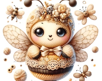 12 PNG Vintage Lace Honey Bee Clipart, Crochet Bumblebee Floral Nursery