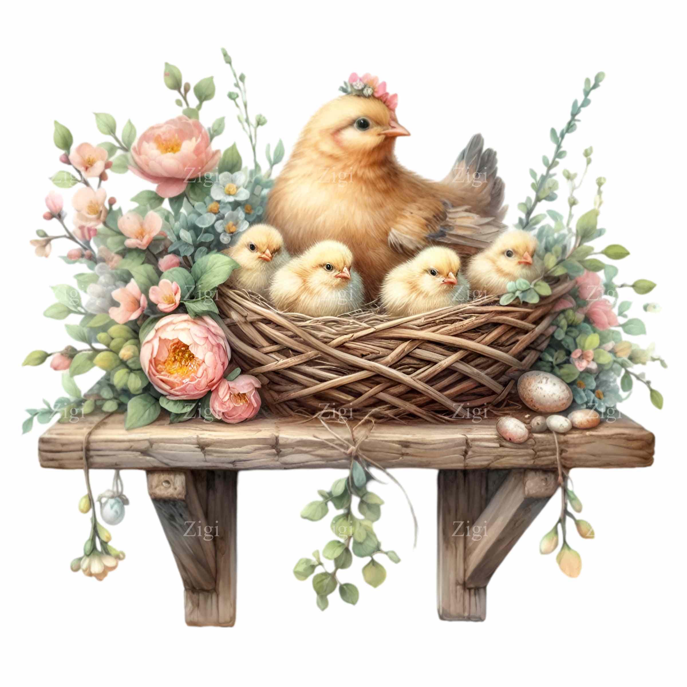 15 PNG Hen With Chicks Clipart – Spring Chicken Nest Frame Illustration ...