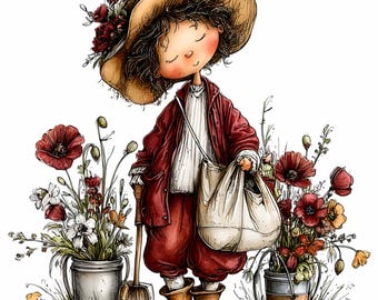 15 PNG Poppy Gardener Character Clipart, Flower Graphic