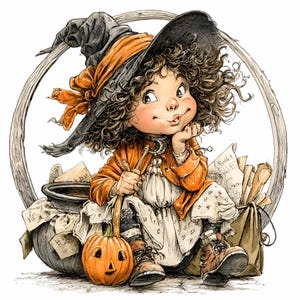 14 PNG Smiling Witch Girl Clipart – Pumpkin Basket PNG – Cute Halloween Character for Kids Crafts, Fall Stickers, Spell Decor