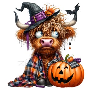 14 Highland Cow Halloween PNG – Mucca divertente con cappello da strega, zucca, pipistrello e coperta scozzese – Clipart autunnale spettrale carina