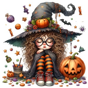 12 Clipart PNG di strega di Halloween assonnata, ragazza con cappello con caramelle, zucca di Halloween, occhiali e collant a righe