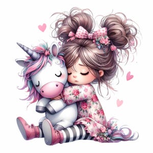 15 cliparts PNG douce fille étreignant licorne - Illustration fantaisiste et adorable pour des projets créatifs