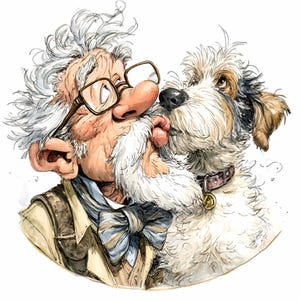May include: A watercolour illustration depicts an elderly man with glasses being kissed by a dog. The man has a white beard and a bow tie. The dog has brown and white fur and a collar with a tag.