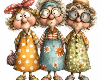 15 PNG Funny Old Ladies Clipart – Three Granny Friends