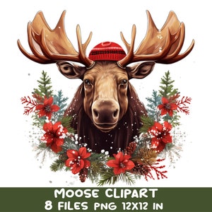 8 PNG Winter moose clipart – Christmas antler PNG – Rustic holiday animal art for cards, shirts, mugs and seasonal sublimation