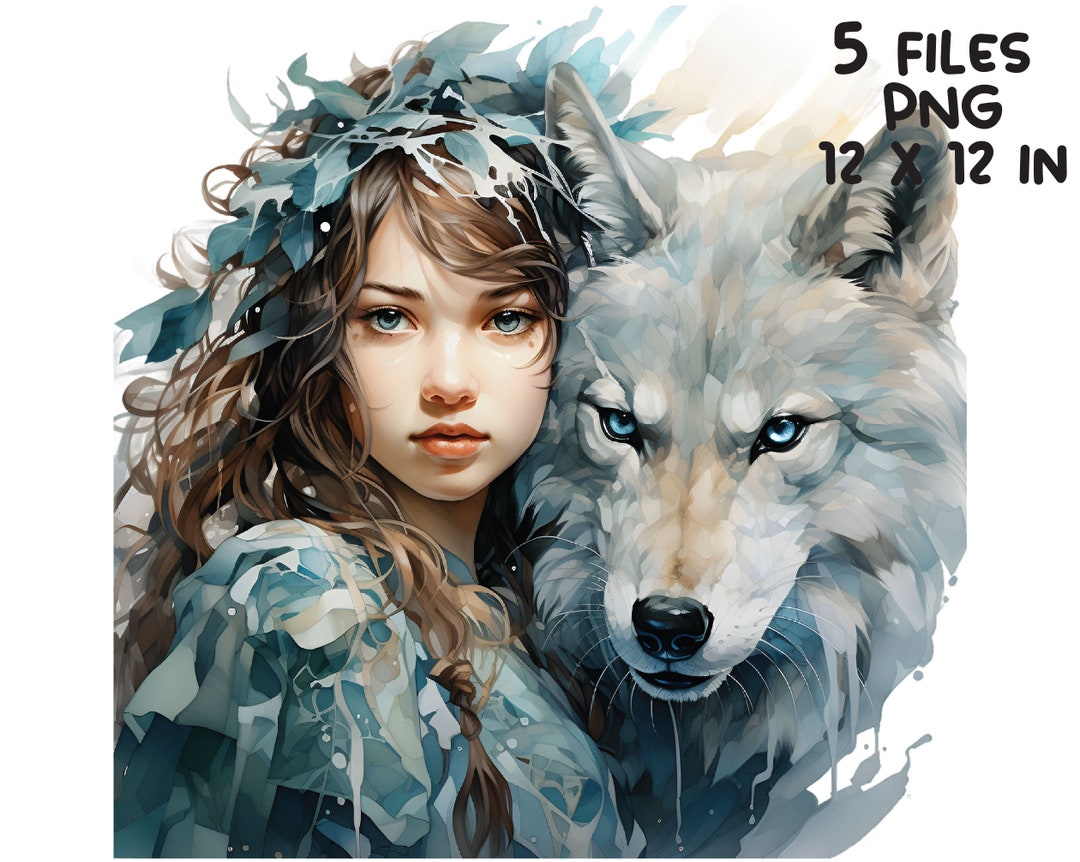 Watercolor Wolf Clipart PNG Girl With Wolf Bundle Digital - Etsy